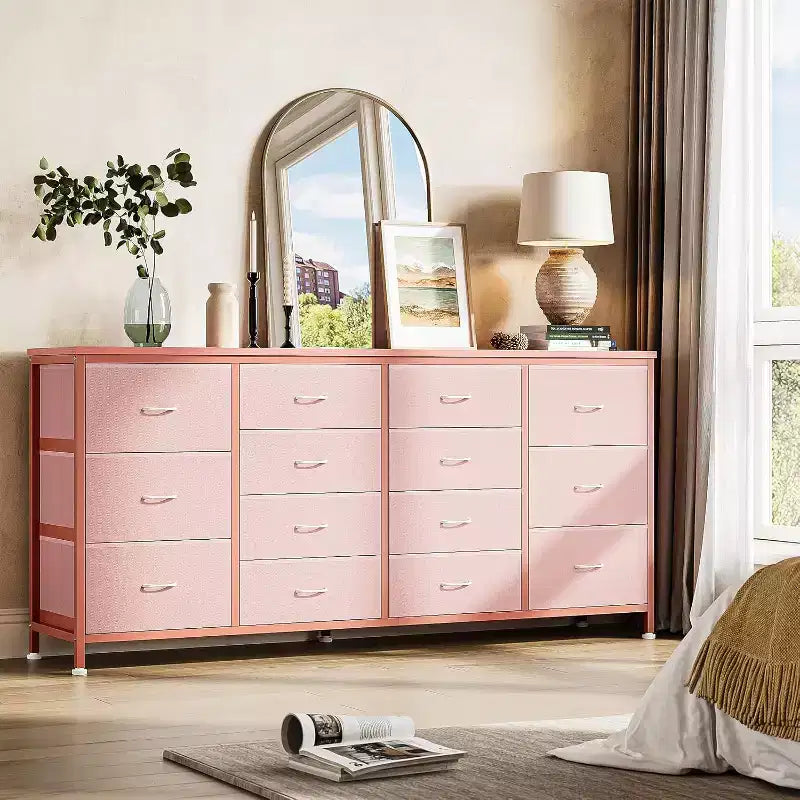 63" Extra-Wide TV Stand Dresser with 14 Fabric Drawers & Built-in Power/USB, for 65-75" TVs