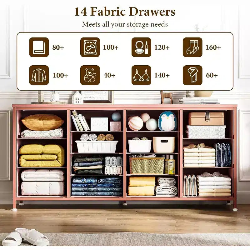 63" Extra-Wide TV Stand Dresser with 14 Fabric Drawers & Built-in Power/USB, for 65-75" TVs