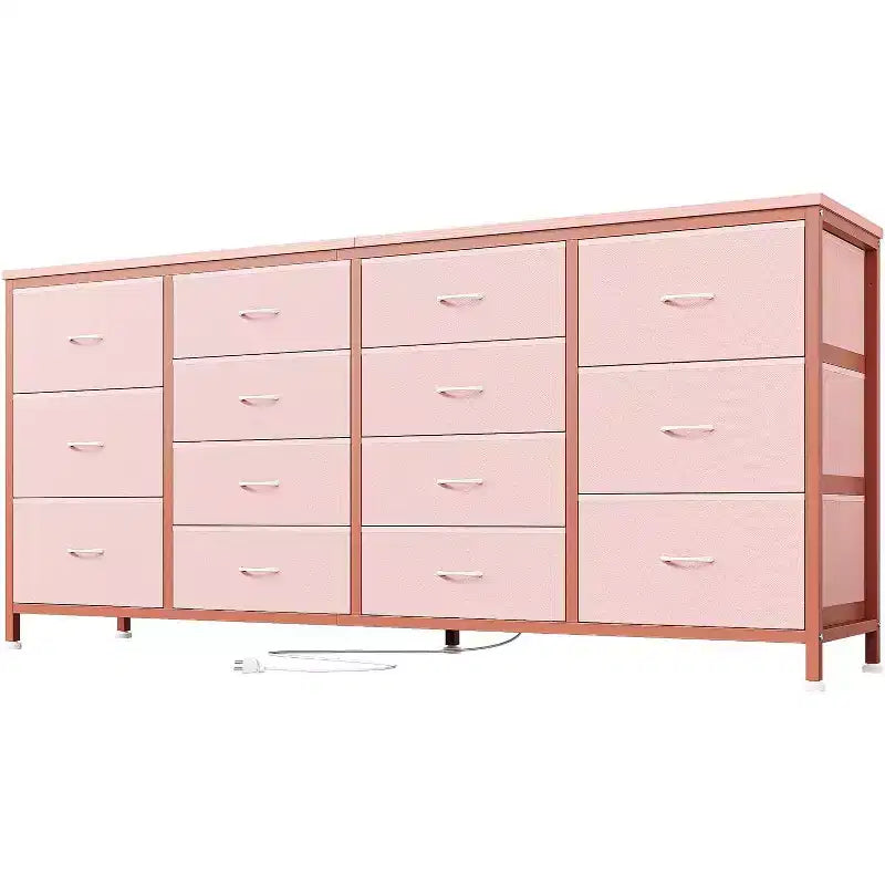 63" Extra-Wide TV Stand Dresser with 14 Fabric Drawers & Built-in Power/USB, for 65-75" TVs