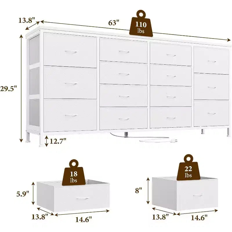63" Extra-Wide TV Stand Dresser with 14 Fabric Drawers & Built-in Power/USB, for 65-75" TVs