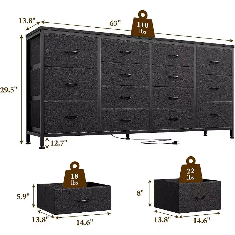 63" Extra-Wide TV Stand Dresser with 14 Fabric Drawers & Built-in Power/USB, for 65-75" TVs