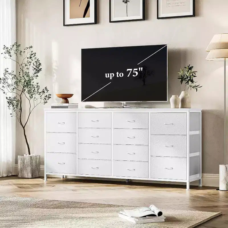 63" Extra-Wide TV Stand Dresser with 14 Fabric Drawers & Built-in Power/USB, for 65-75" TVs