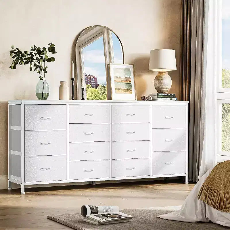 63" Extra-Wide TV Stand Dresser with 14 Fabric Drawers & Built-in Power/USB, for 65-75" TVs