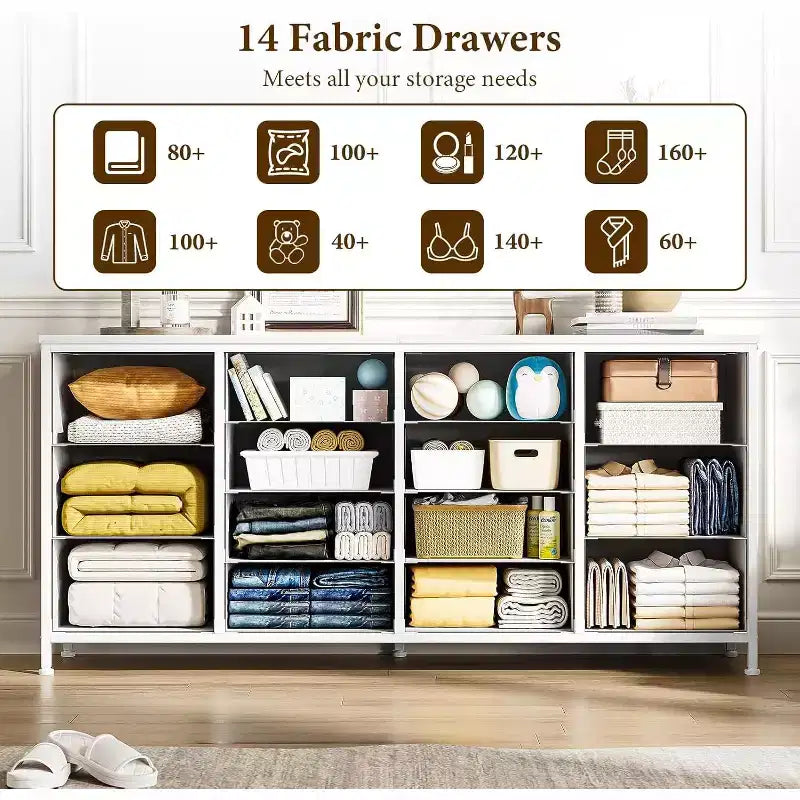63" Extra-Wide TV Stand Dresser with 14 Fabric Drawers & Built-in Power/USB, for 65-75" TVs