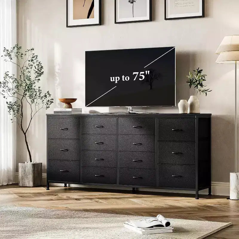 63" Extra-Wide TV Stand Dresser with 14 Fabric Drawers & Built-in Power/USB, for 65-75" TVs