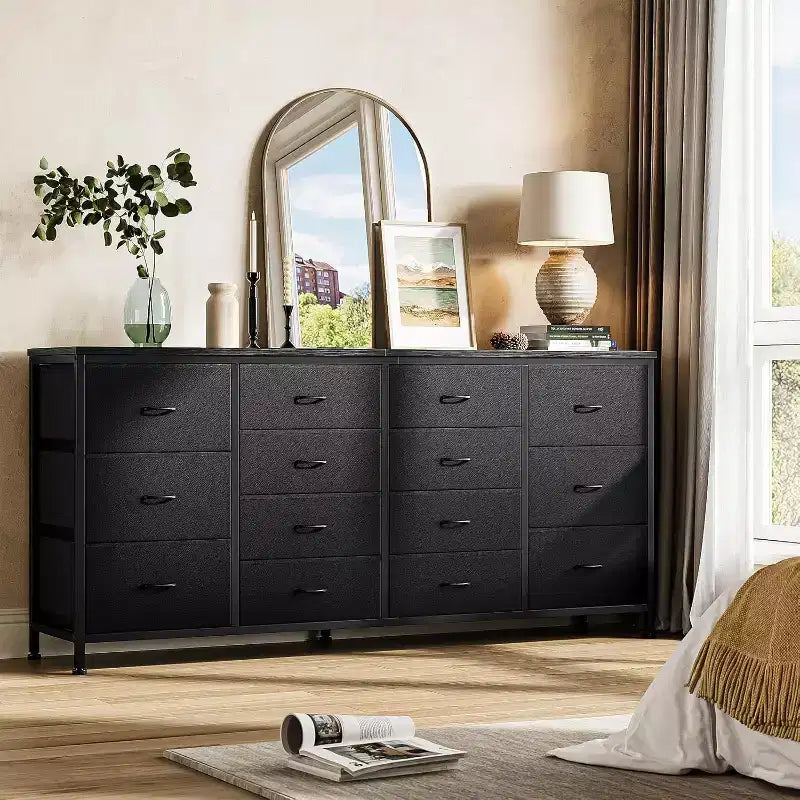63" Extra-Wide TV Stand Dresser with 14 Fabric Drawers & Built-in Power/USB, for 65-75" TVs