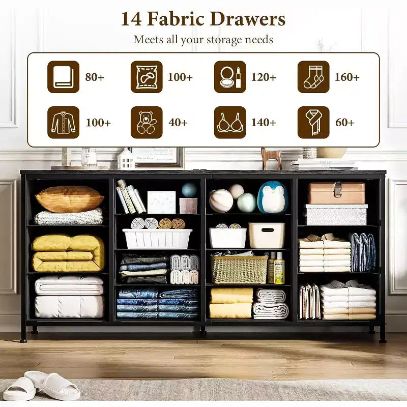 63" Extra-Wide TV Stand Dresser with 14 Fabric Drawers & Built-in Power/USB, for 65-75" TVs