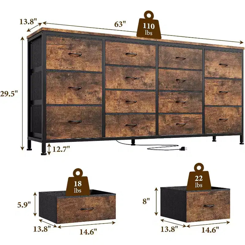 63" Extra-Wide TV Stand Dresser with 14 Fabric Drawers & Built-in Power/USB, for 65-75" TVs