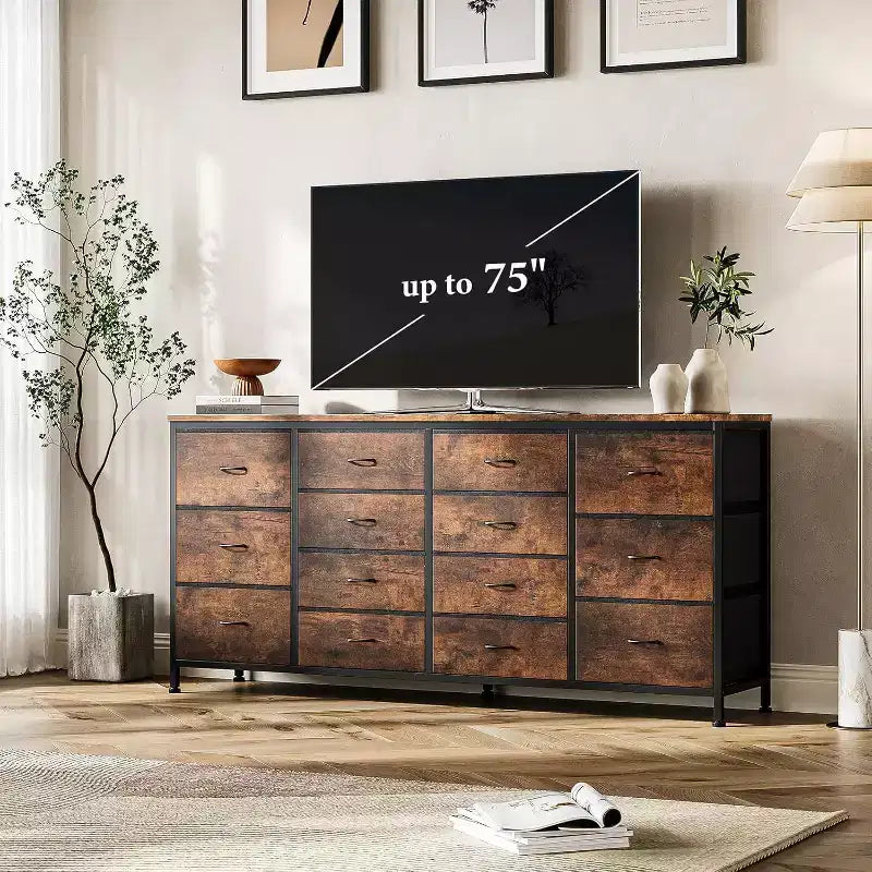 63" Extra-Wide TV Stand Dresser with 14 Fabric Drawers & Built-in Power/USB, for 65-75" TVs