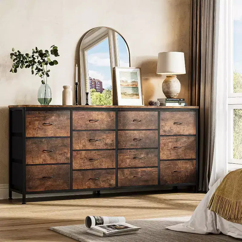 63" Extra-Wide TV Stand Dresser with 14 Fabric Drawers & Built-in Power/USB, for 65-75" TVs