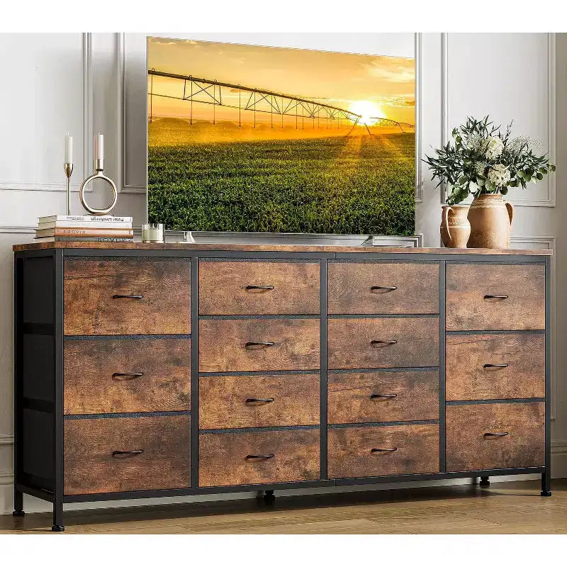 63" Extra-Wide TV Stand Dresser with 14 Fabric Drawers & Built-in Power/USB, for 65-75" TVs