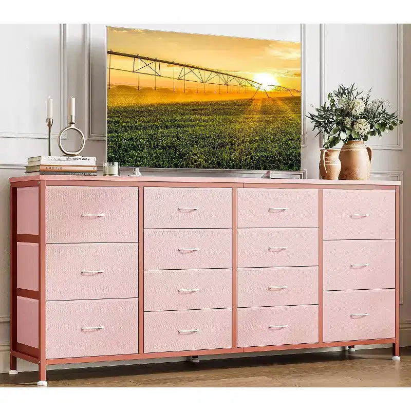 63" Extra-Wide TV Stand Dresser with 14 Fabric Drawers & Built-in Power/USB, for 65-75" TVs