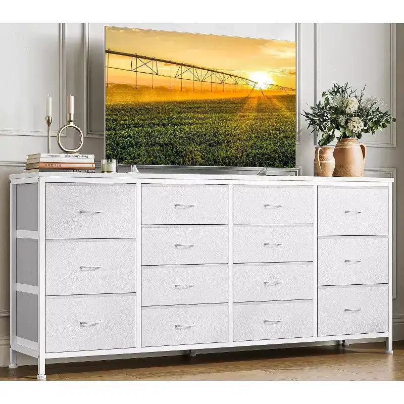 63" Extra-Wide TV Stand Dresser with 14 Fabric Drawers & Built-in Power/USB, for 65-75" TVs