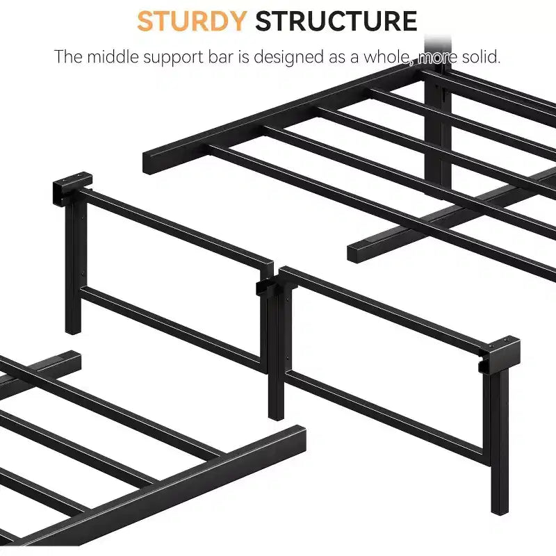 Bed Frame with Wood Headboard, Metal Platform Frame with Rounded Corner, 12 Storage Spaces