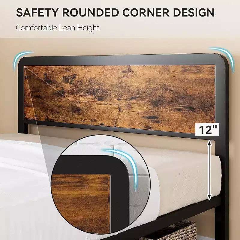 Bed Frame with Wood Headboard, Metal Platform Frame with Rounded Corner, 12 Storage Spaces
