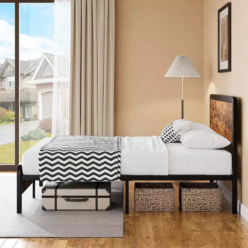 Bed Frame with Wood Headboard, Metal Platform Frame with Rounded Corner, 12 Storage Spaces
