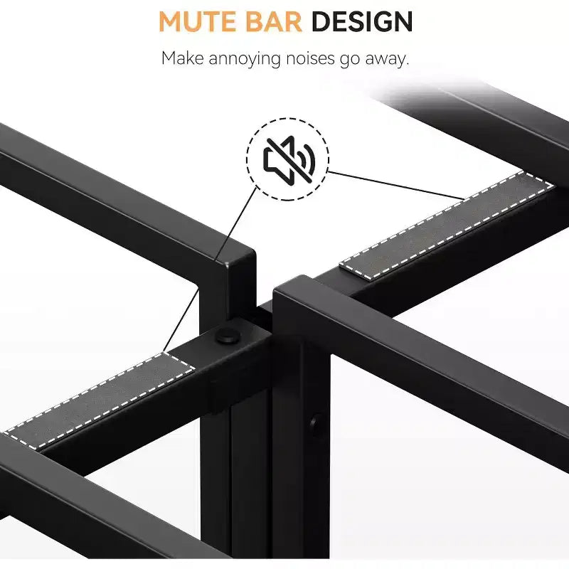 Bed Frame with Wood Headboard, Metal Platform Frame with Rounded Corner, 12 Storage Spaces