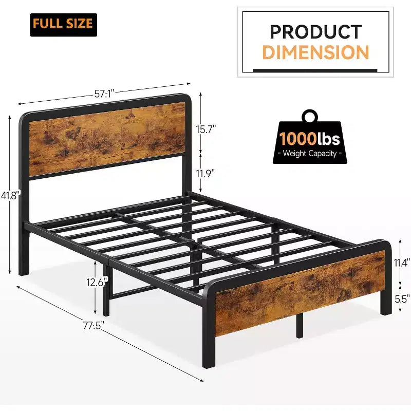 Bed Frame with Wood Headboard, Metal Platform Frame with Rounded Corner, 12 Storage Spaces