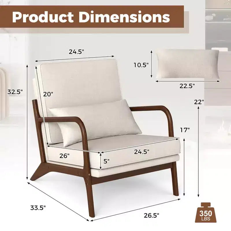 Modern Accent Chair, Upholstered Leisure Armchair with Rubber Wood Armrests & Legs