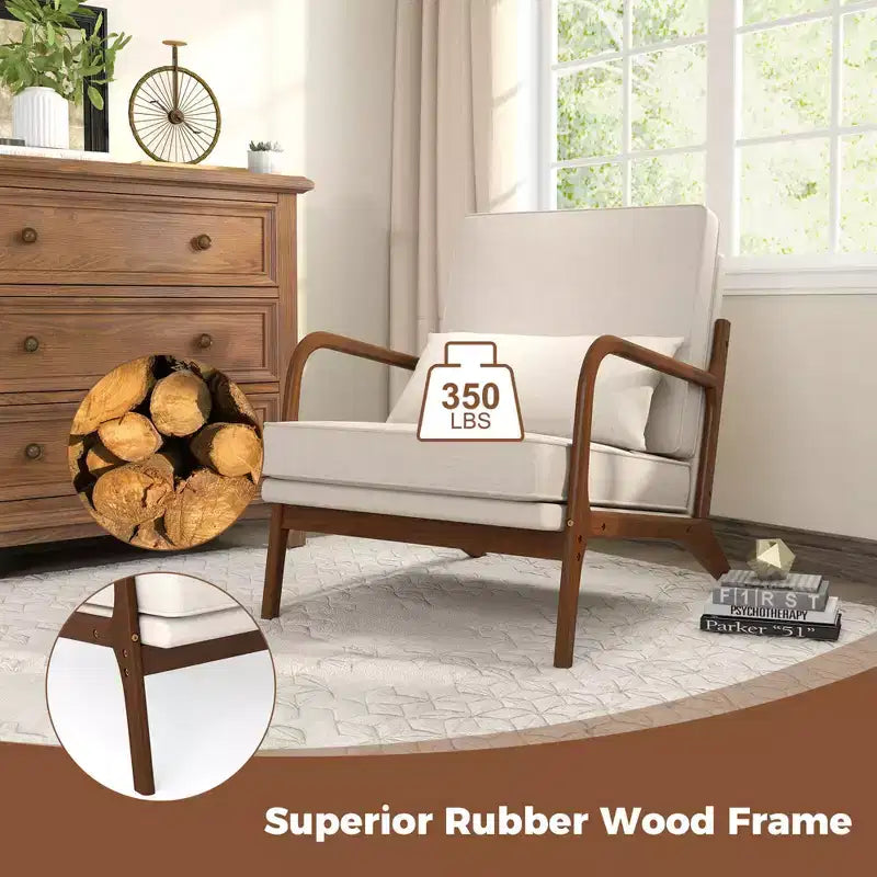 Modern Accent Chair, Upholstered Leisure Armchair with Rubber Wood Armrests & Legs