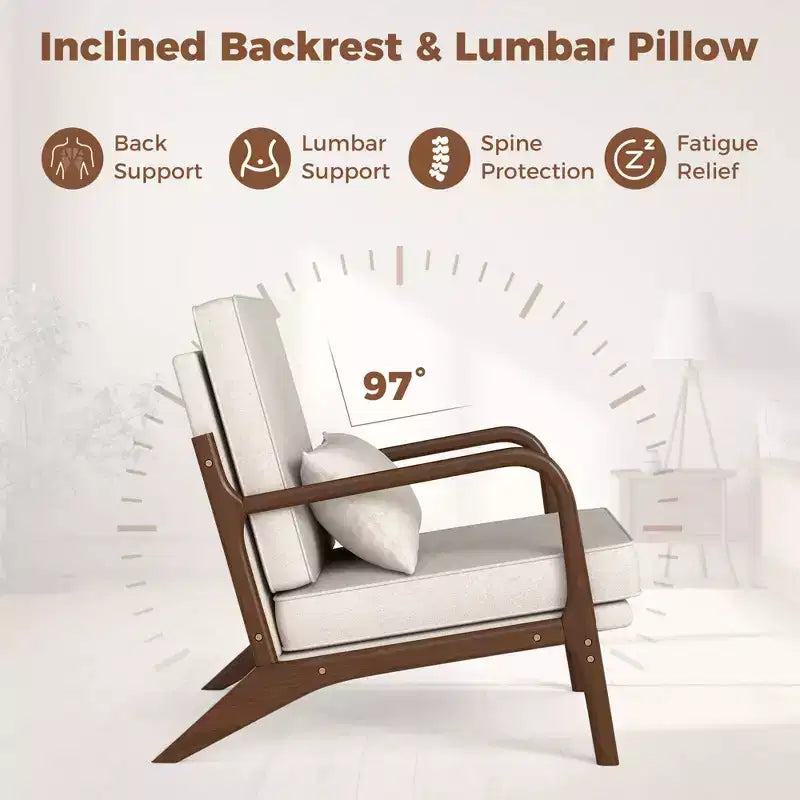 Modern Accent Chair, Upholstered Leisure Armchair with Rubber Wood Armrests & Legs