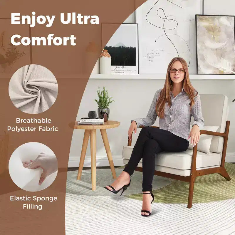 Modern Accent Chair, Upholstered Leisure Armchair with Rubber Wood Armrests & Legs