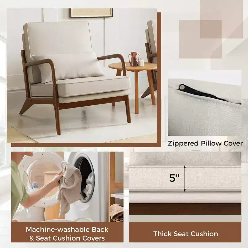 Modern Accent Chair, Upholstered Leisure Armchair with Rubber Wood Armrests & Legs