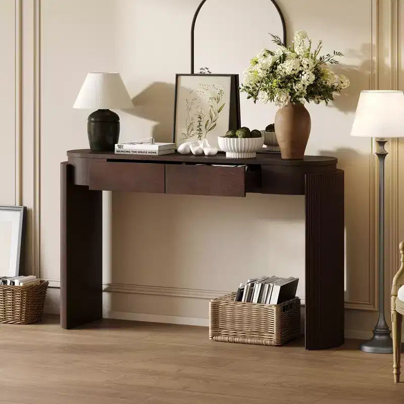 Console Table with Natural Wood Grain Finish, Fluted Design, Oval Top and 2 Drawers, Espresso