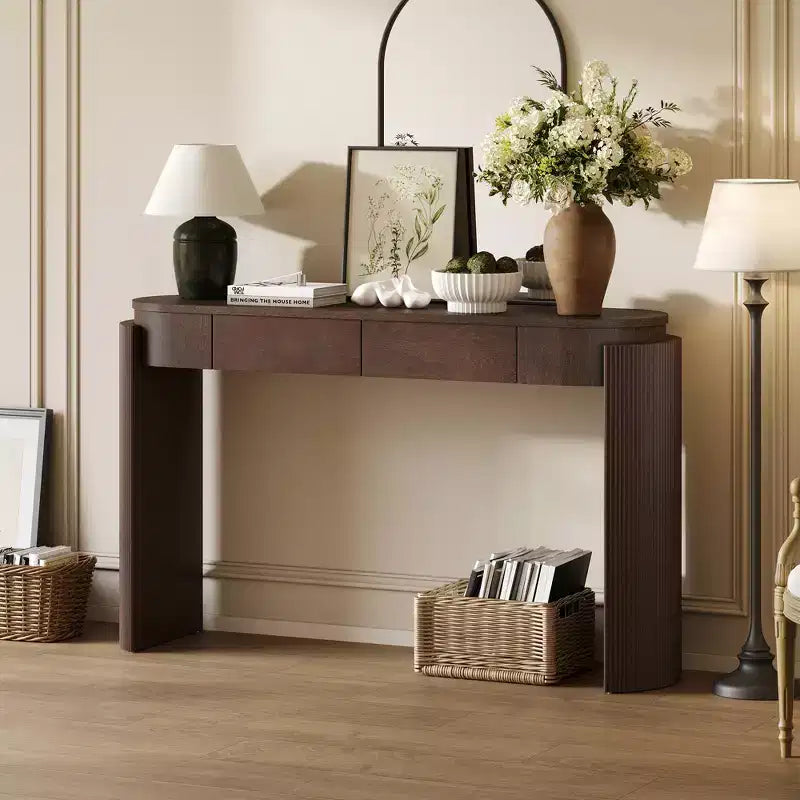Console Table with Natural Wood Grain Finish, Fluted Design, Oval Top and 2 Drawers, Espresso