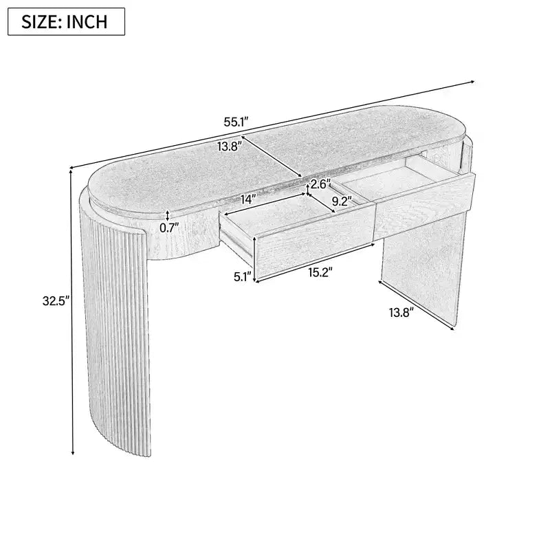 Console Table with Natural Wood Grain Finish, Fluted Design, Oval Top and 2 Drawers, Espresso