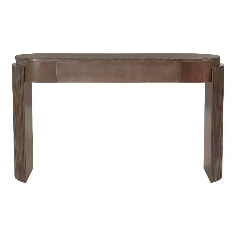 Console Table with Natural Wood Grain Finish, Fluted Design, Oval Top and 2 Drawers, Espresso