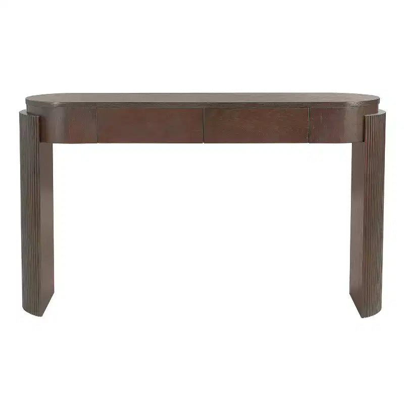 Console Table with Natural Wood Grain Finish, Fluted Design, Oval Top and 2 Drawers, Espresso