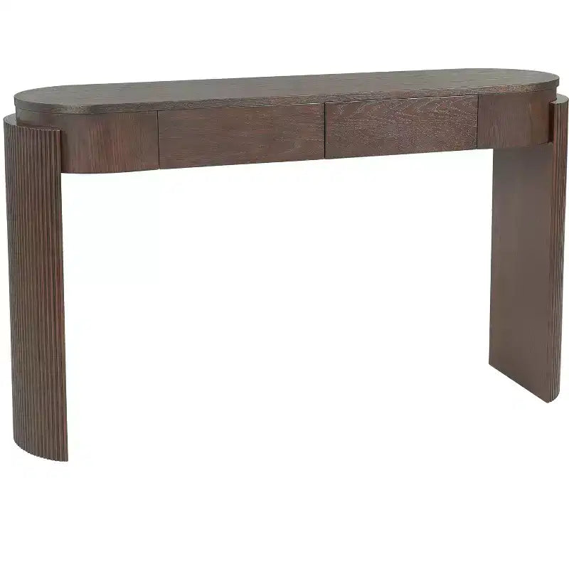Console Table with Natural Wood Grain Finish, Fluted Design, Oval Top and 2 Drawers, Espresso