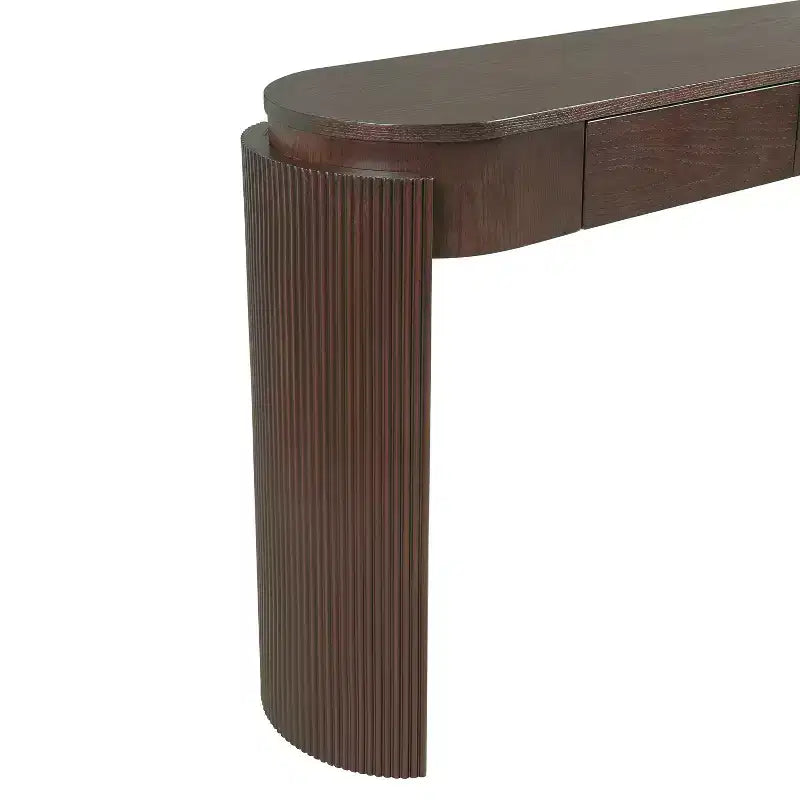 Console Table with Natural Wood Grain Finish, Fluted Design, Oval Top and 2 Drawers, Espresso