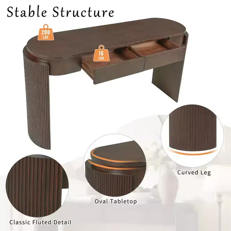 Console Table with Natural Wood Grain Finish, Fluted Design, Oval Top and 2 Drawers, Espresso