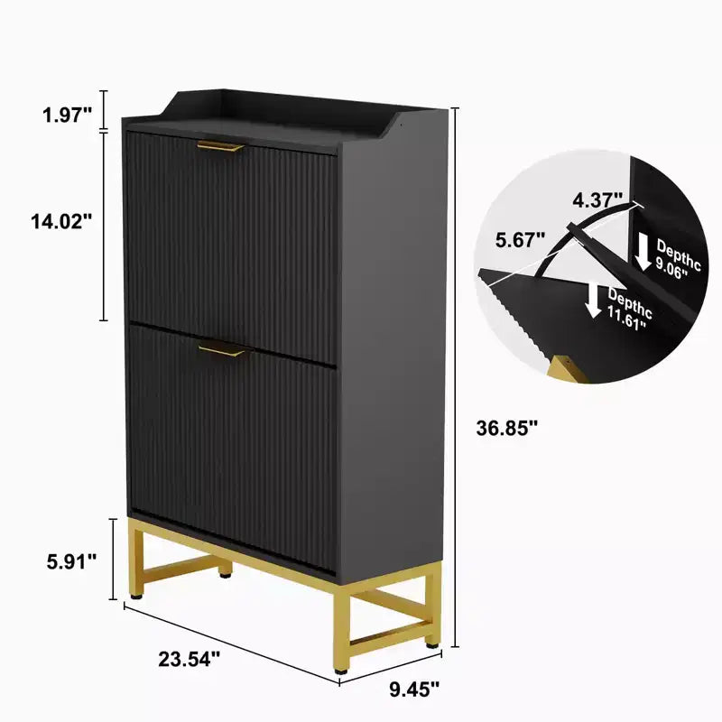 Fluted Shoe Cabinet with 2 Flip Drawers, Slim Modern Shoe Rack with Metal Legs