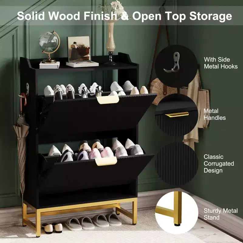 Fluted Shoe Cabinet with 2 Flip Drawers, Slim Modern Shoe Rack with Metal Legs