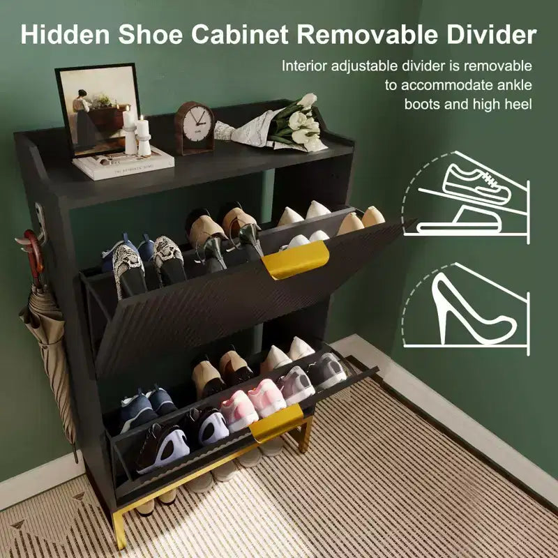 Fluted Shoe Cabinet with 2 Flip Drawers, Slim Modern Shoe Rack with Metal Legs