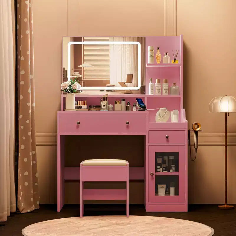 Vanity Desk with Mirror, Power Outlet, Hair Dryer Bracket, 2 Drawers, 3 Color Modes