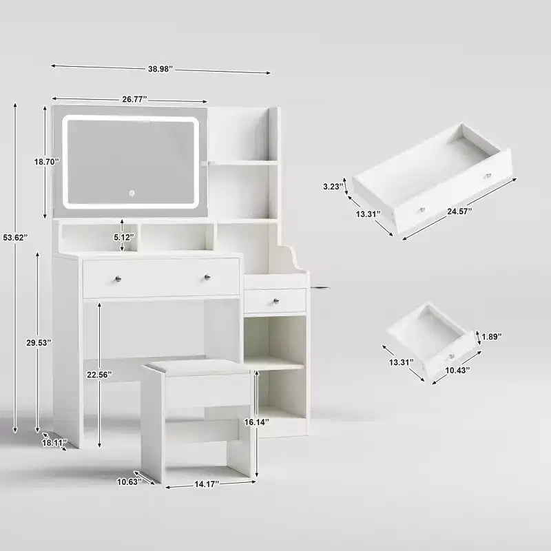 Vanity Desk with Mirror, Power Outlet, Hair Dryer Bracket, 2 Drawers, 3 Color Modes