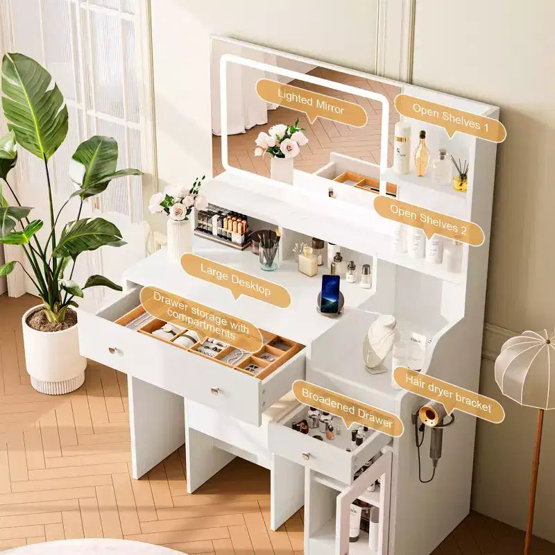 Vanity Desk with Mirror, Power Outlet, Hair Dryer Bracket, 2 Drawers, 3 Color Modes