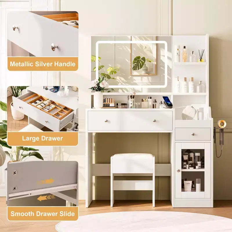 Vanity Desk with Mirror, Power Outlet, Hair Dryer Bracket, 2 Drawers, 3 Color Modes