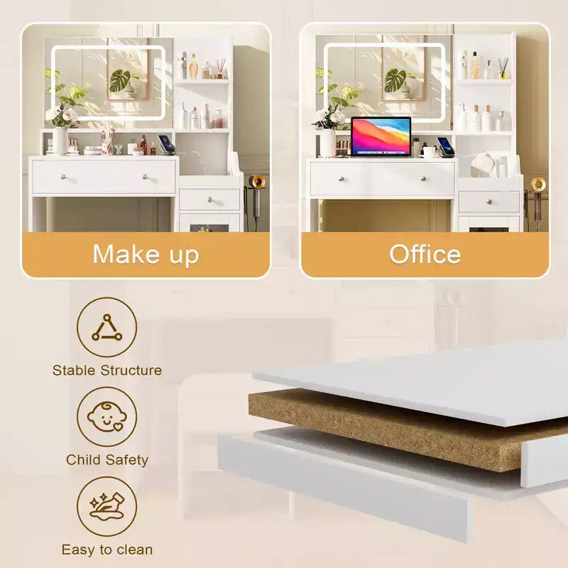 Vanity Desk with Mirror, Power Outlet, Hair Dryer Bracket, 2 Drawers, 3 Color Modes