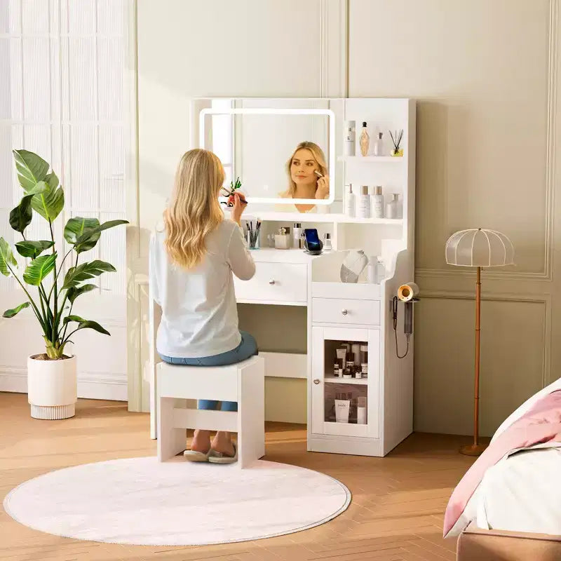 Vanity Desk with Mirror, Power Outlet, Hair Dryer Bracket, 2 Drawers, 3 Color Modes