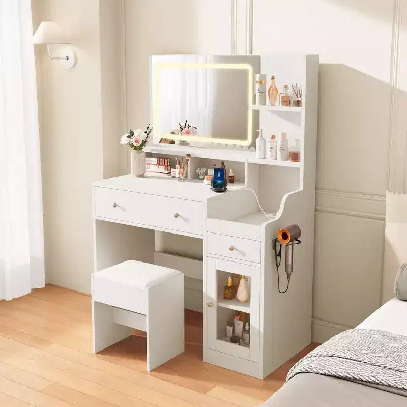 Vanity Desk with Mirror, Power Outlet, Hair Dryer Bracket, 2 Drawers, 3 Color Modes