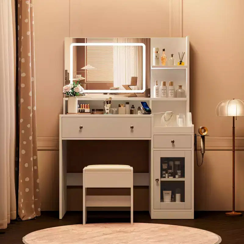 Vanity Desk with Mirror, Power Outlet, Hair Dryer Bracket, 2 Drawers, 3 Color Modes