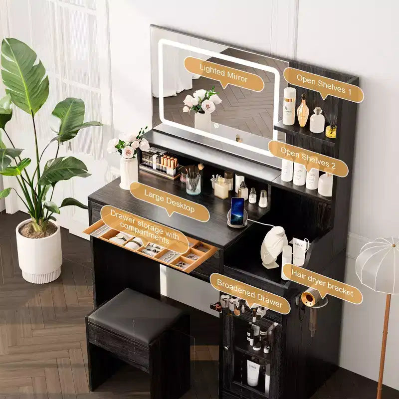 Vanity Desk with Mirror, Power Outlet, Hair Dryer Bracket, 2 Drawers, 3 Color Modes