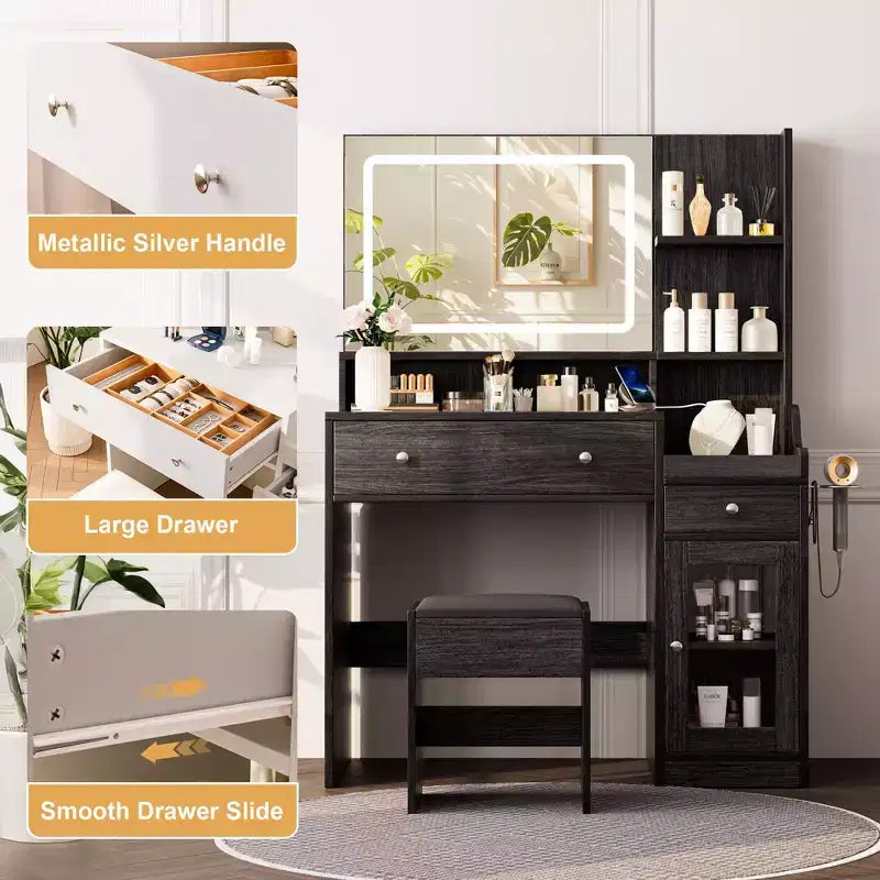 Vanity Desk with Mirror, Power Outlet, Hair Dryer Bracket, 2 Drawers, 3 Color Modes
