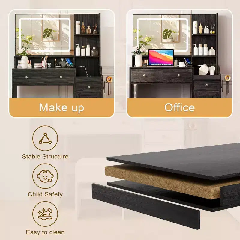 Vanity Desk with Mirror, Power Outlet, Hair Dryer Bracket, 2 Drawers, 3 Color Modes