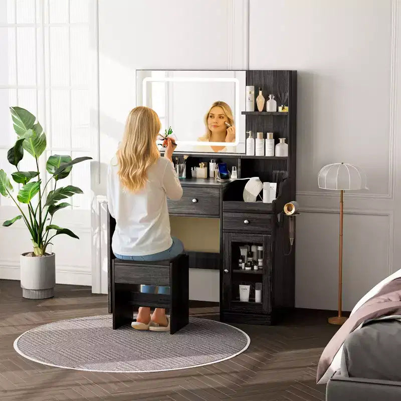 Vanity Desk with Mirror, Power Outlet, Hair Dryer Bracket, 2 Drawers, 3 Color Modes